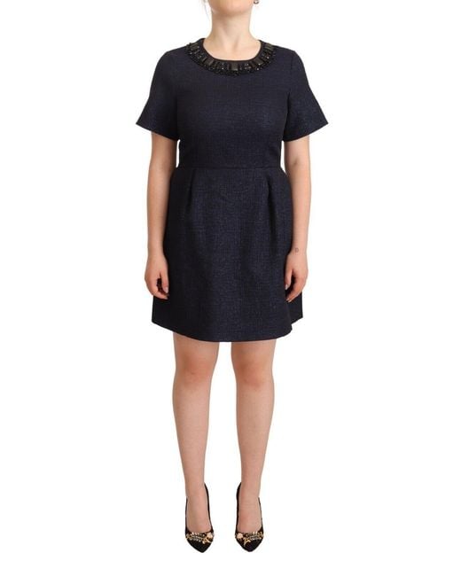 L'Autre Chose Black Embellished Short Sleeves Mini A-line Dress