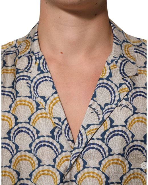Dolce & Gabbana Gray Cream Cotton Silk Hawaii Scallop Shell Print Shirt for men