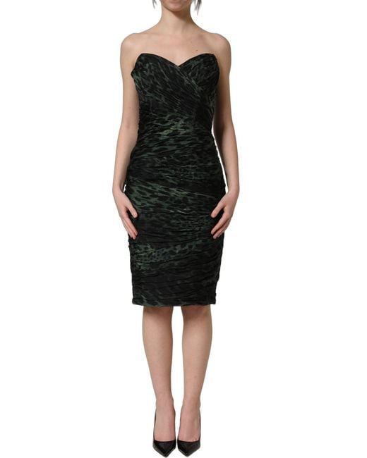 Dolce & Gabbana Black Green Leopard Print Bustier Draped Midi Dress
