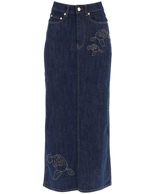 Ganni Blue Maxi Denim Skirt With Embroidery