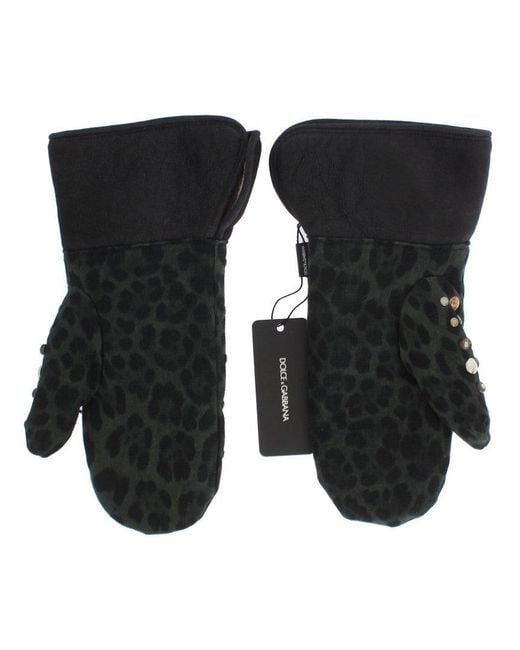 Dolce & Gabbana Black Wool Shearling Studded Leopard Gloves for men