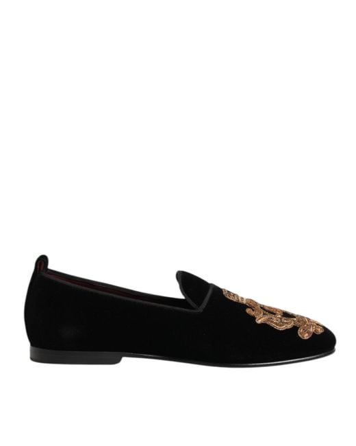 Dolce & Gabbana Black Velvet Gold Crown Mens Loafers Shoes for men