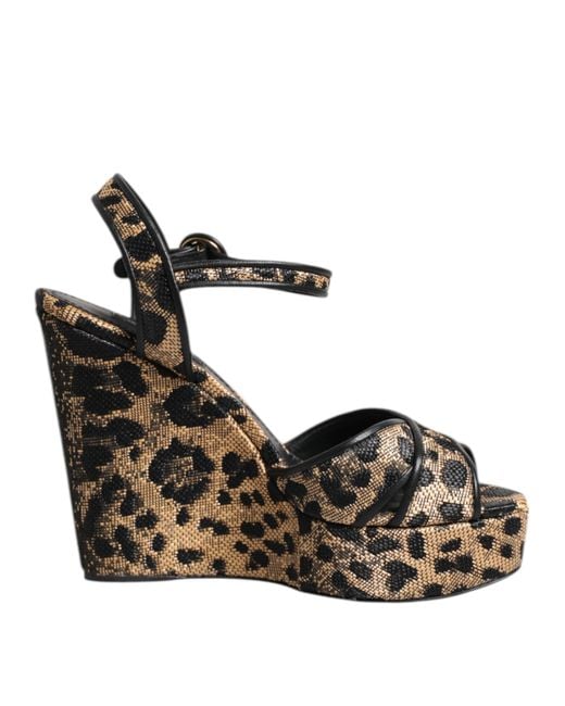 Dolce & Gabbana Black Brown Leopard Wedges Ankle Strap Sandals Shoes