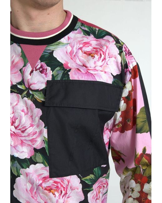 Dolce & Gabbana Gray Pink Floral Roses Crewneck Top Sweater for men