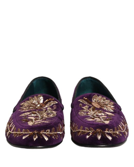 Dolce & Gabbana Multicolor Violet Velvet Floral Embroidery Loafers Shoes for men