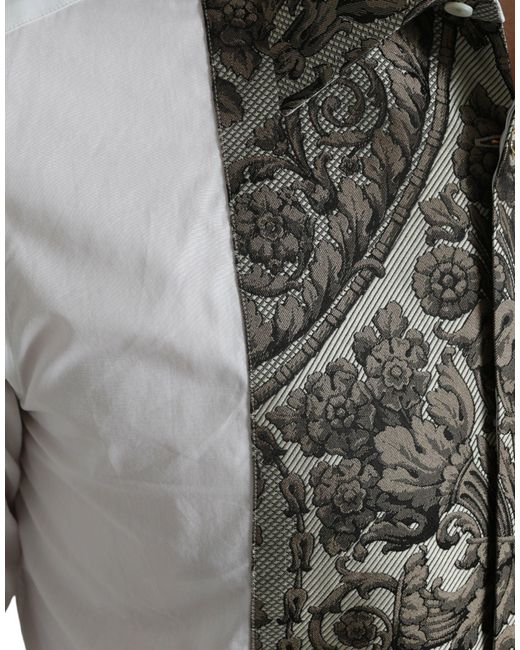 Dolce & Gabbana Gray White Floral Brocade Gold Dress Shirt for men