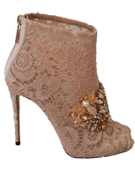 Dolce & Gabbana Brown Crystal Lace Booties Stilettos Shoes