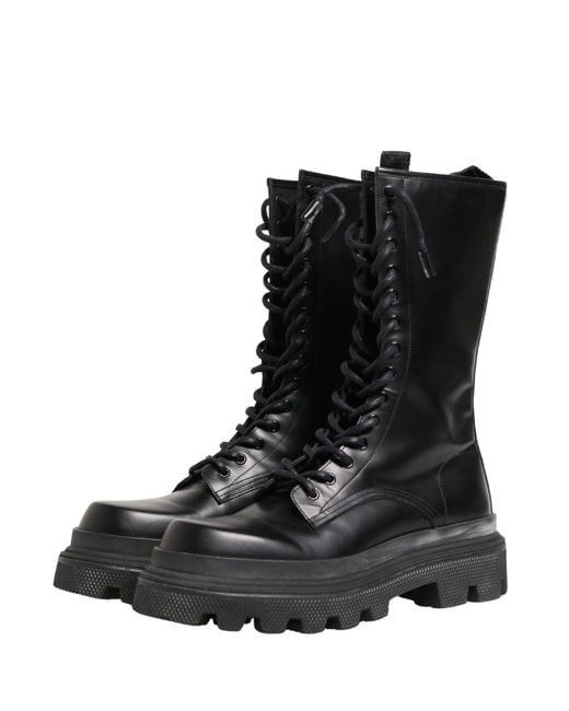 Dolce & Gabbana Black Leather Trek Sole Combat Boots Shoes for men
