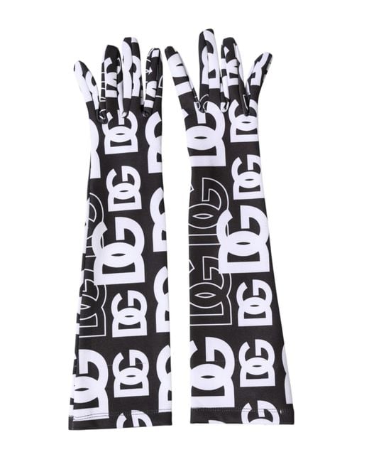 Dolce & Gabbana Black White Dg Logo Elbow Length Mitten Gloves
