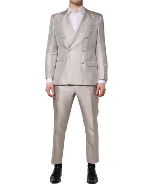 Dolce & Gabbana Light Gray Jacquard Silk Dotted 2 Piece Suit for men