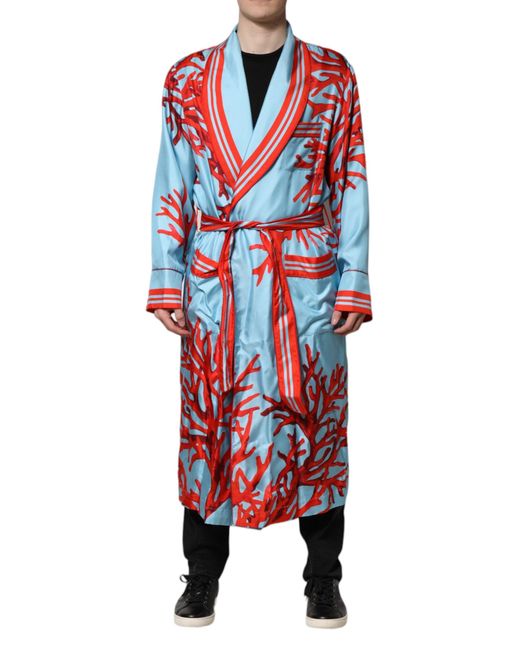 Dolce & Gabbana Blue Red Coral Print Wrap Robe Coat Jacket for men
