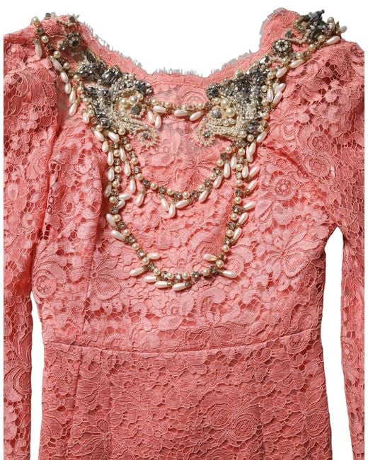 Dolce & Gabbana Red Pink Embellished Mermaid Lace Gown Dress