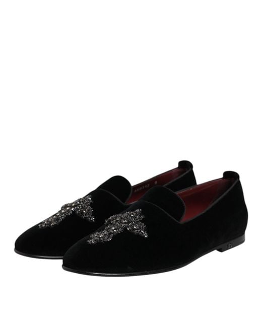 Dolce & Gabbana Black Velvet Embellished Loafer Slip On Shoes for men