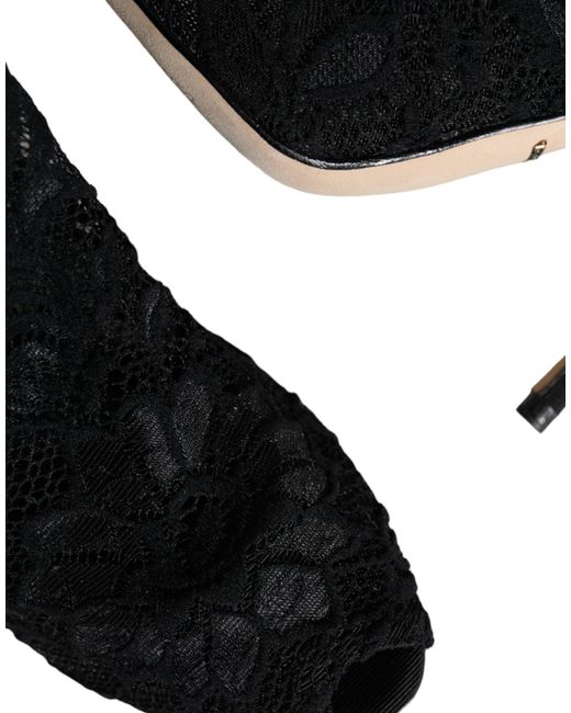 Dolce & Gabbana Black Lace Stretch Heels Mid Calf Boot Shoes