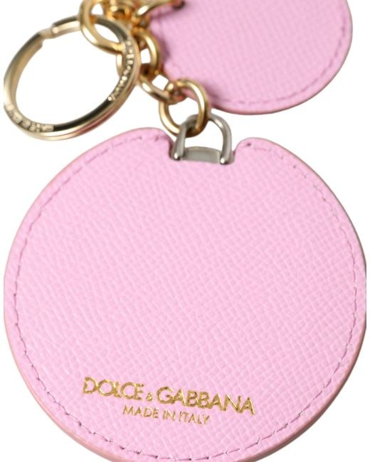 Dolce & Gabbana Pink Calf Leather Metal Logo Print Keyring Keychain
