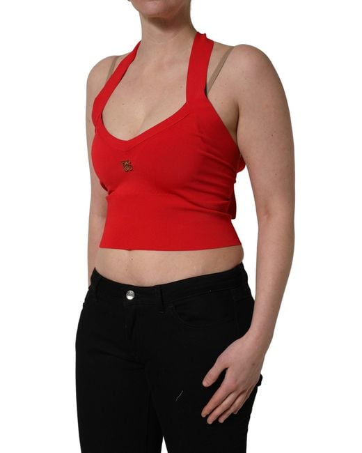 Dolce & Gabbana Red Viscose Sleeveless Halter Crop Tank Top