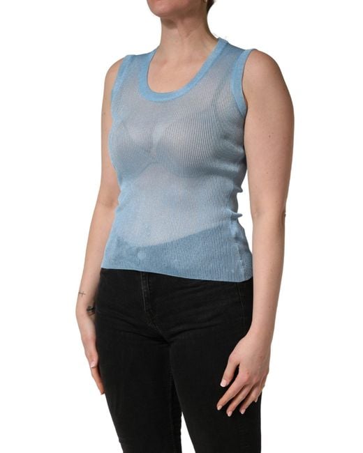 Dolce & Gabbana Blue Semi Sheer Ribbed Sleeveless Tank Top Polyester