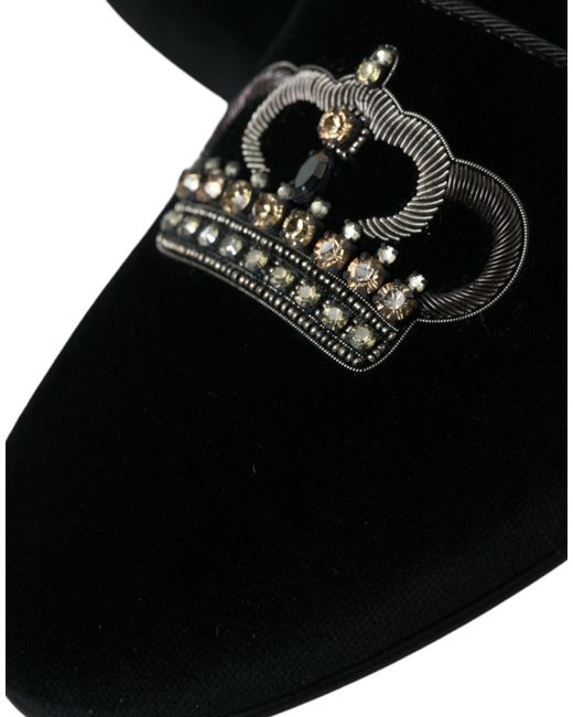 Dolce & Gabbana Black Velvet Crystal Crown Loafers Shoes for men