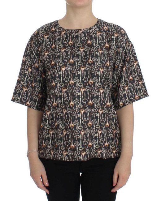 Dolce & Gabbana Gray Key Print Silk Blouse T-Shirt