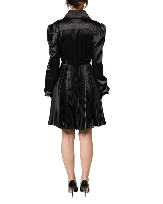 Dolce & Gabbana Black Satin Long Puff Sleeves Pleated Dress