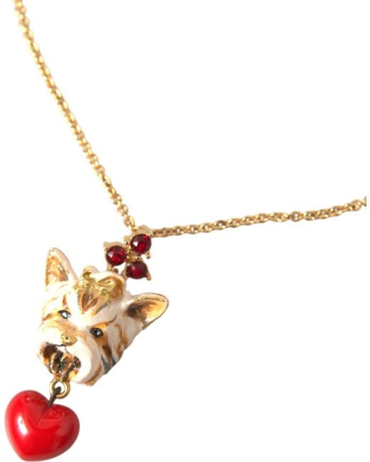 Dolce & Gabbana White Brass Chain Dog Heart Pendant Charm Necklace