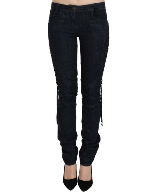Just Cavalli Black Low Waist Skinny Trousers Braided String Pants