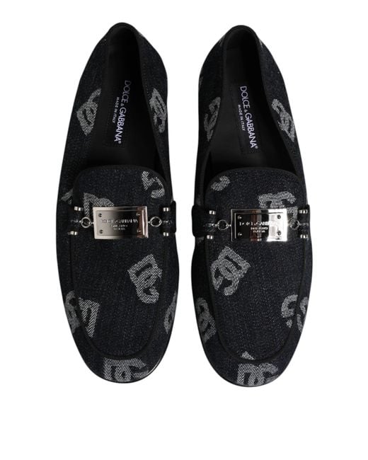 Dolce & Gabbana Black Blue Logo Cotton Loafers Formal Dress Shoes for men