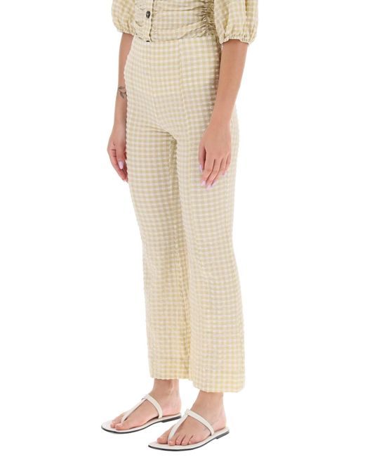 Ganni Natural Flared Pants With Gingham Motif