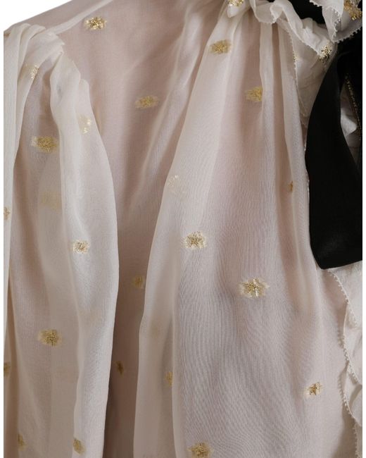Dolce & Gabbana Gray Off White Silk Blend Ascot Collar Blouse Top