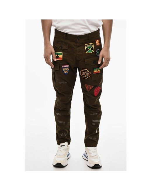DSquared² Black Vintage Effect Cargo Pants With Patches Embroidery for men