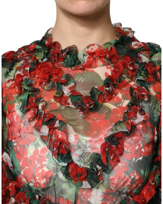 Dolce & Gabbana Red Multicolor Ruffle Floral Long Sleeves Dress for men