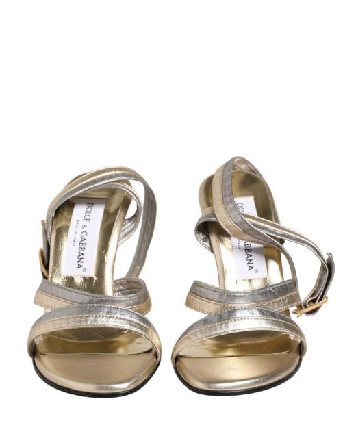 Dolce & Gabbana White Gold Silver Leather Wedge Heels Sandals Shoes