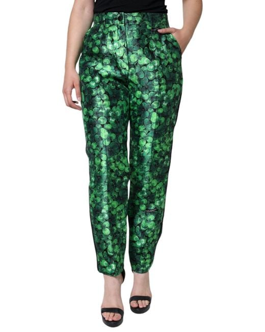 Dolce & Gabbana Green Clover Silk Satin High Waist Tapered Pants