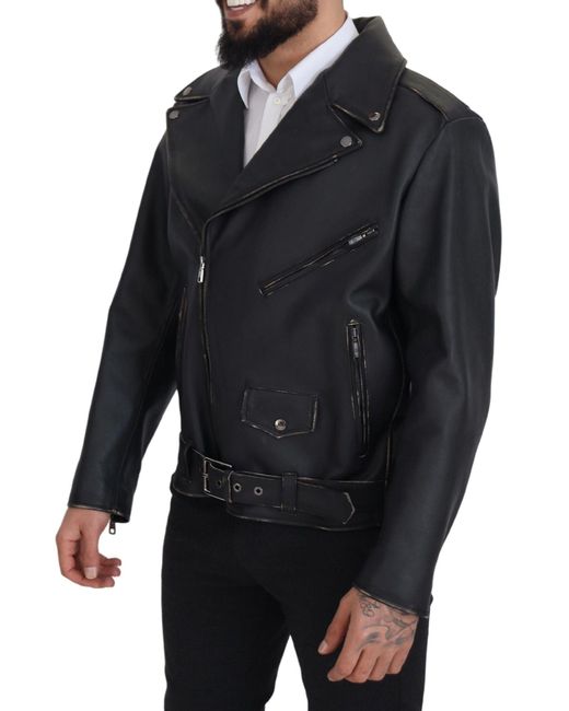 Dolce & Gabbana Black Elegant Leather Biker Jacket for men