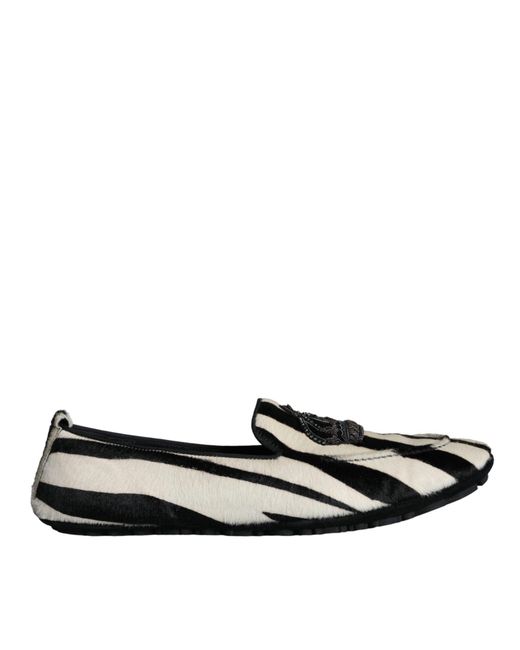 Dolce & Gabbana Black White Calf Fur Slip On Loafers Men Shoes for men