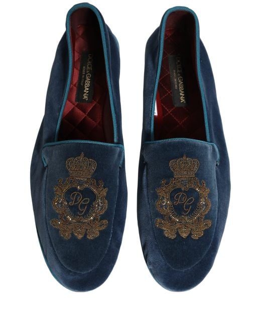 Dolce & Gabbana Blue Velvet Crown Embroidery Loafers Shoes for men