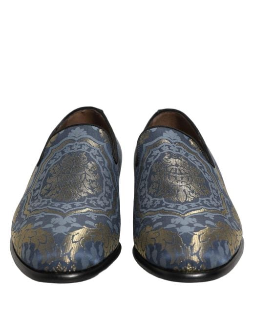 Dolce & Gabbana Gray Blue Floral Brocade Slip On Loafers Shoes for men