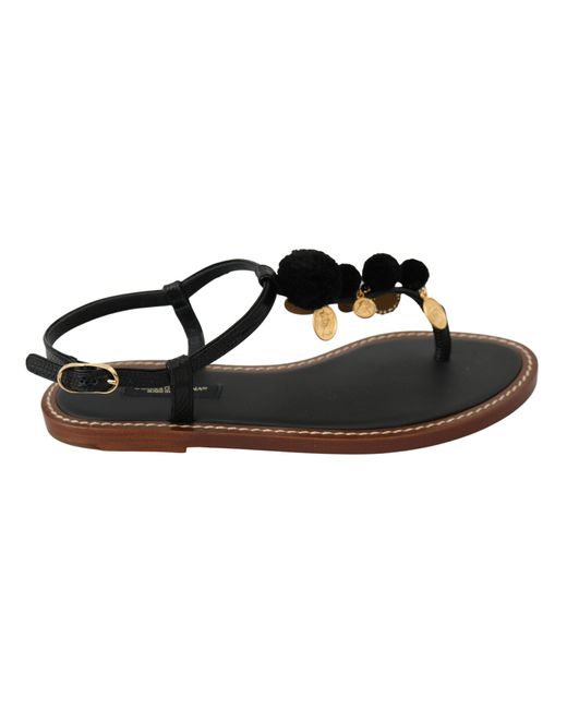 Dolce & Gabbana Black Pom Pom Flip Flop Ankle Strap Flats