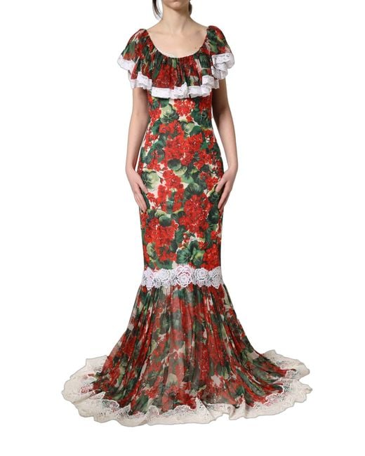 Dolce & Gabbana Brown Multicolor Geranium Flower Lace Maxi Dress
