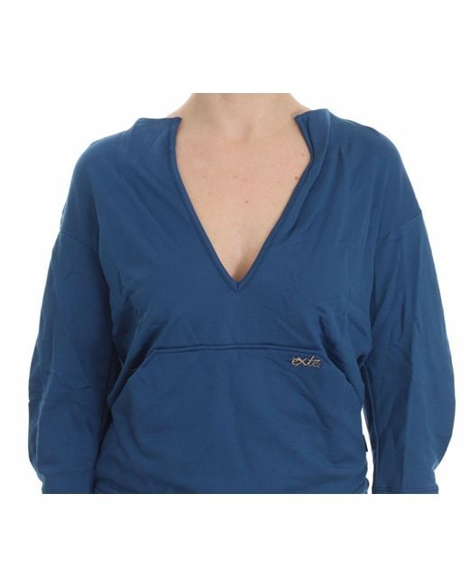 Exte Blue Cotton Top Pullover Deep V