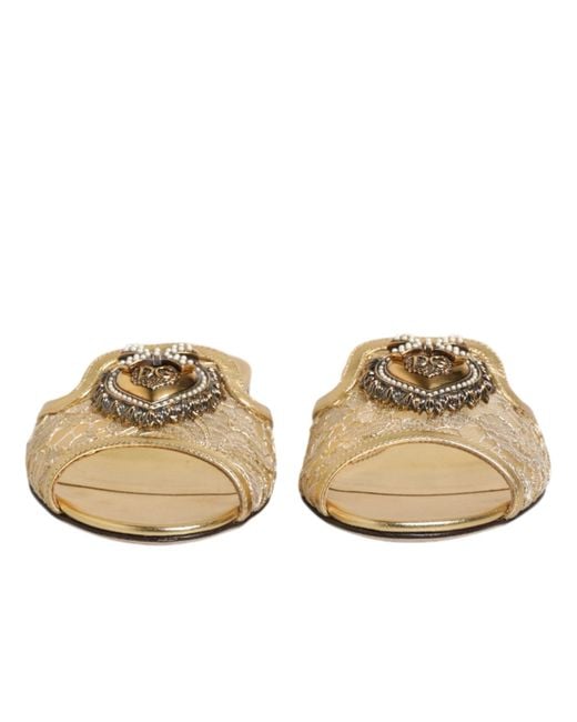Dolce & Gabbana Metallic Gold Devotion Lace Flats Slip On Sandals Shoes
