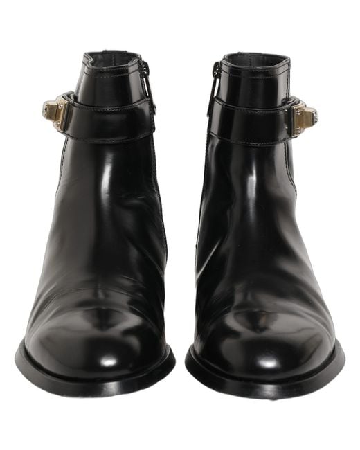 Dolce & Gabbana Black Leather Logo Buckle Mid Calf Boots Shoes for men
