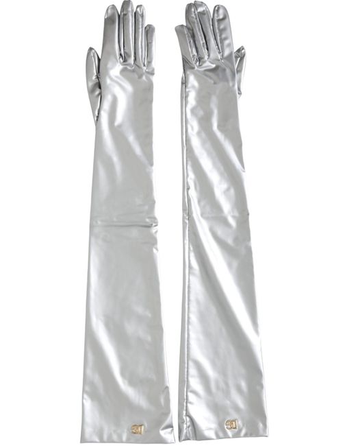 Dolce & Gabbana White Silver Spandex Logo Elbow Length Gloves