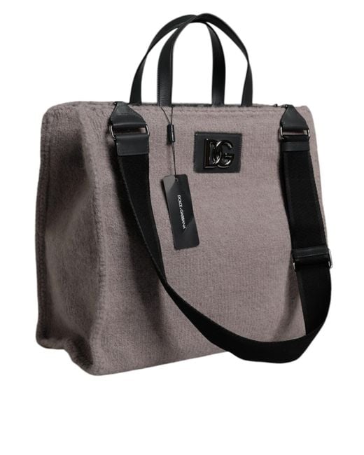 Dolce & Gabbana Black Grey Alpaca Wool Logo Plaque Tote Shoulder Bag for men