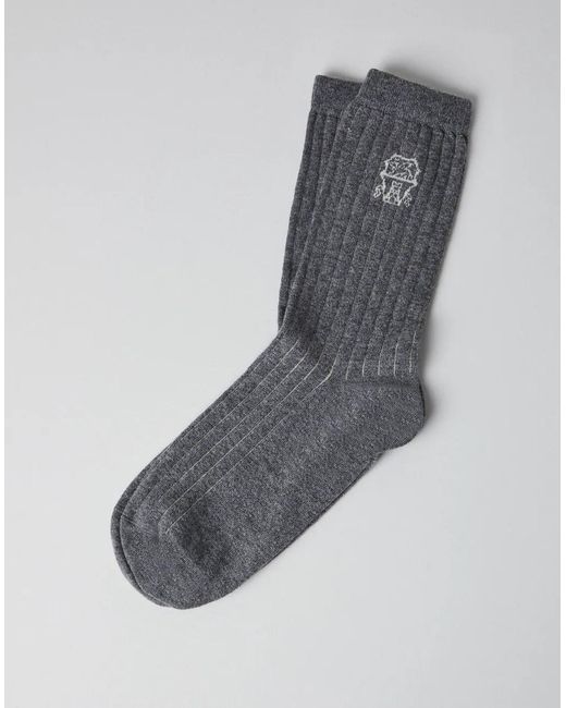 Brunello Cucinelli Gray Bicolor Cashmere Socks for men