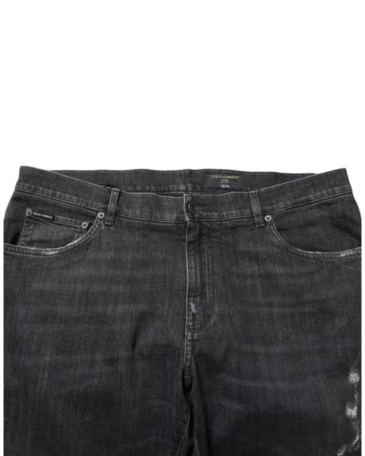 Dolce & Gabbana Black Cotton Slim Fit Distressed Ripped Logo Jeans Clothing for men