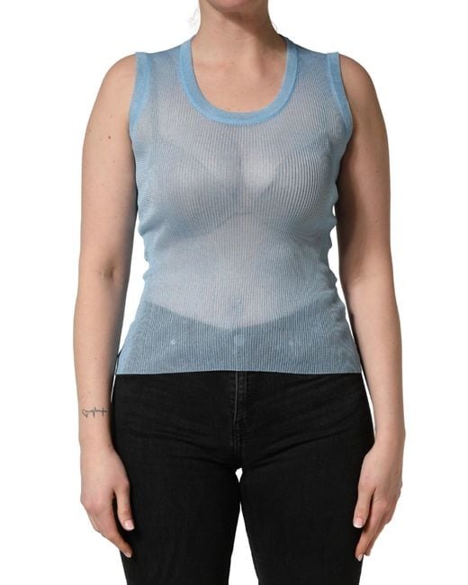 Dolce & Gabbana Blue Semi Sheer Ribbed Sleeveless Tank Top Polyester