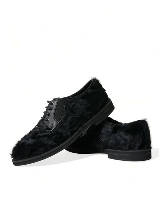 Dolce & Gabbana Black Fur Leather Lace Up Derby Dress Shoes for men