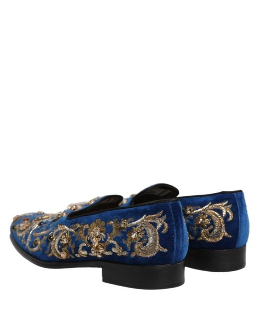 Dolce & Gabbana Blue Velvet Embellished Dress Loafers Shoes for men