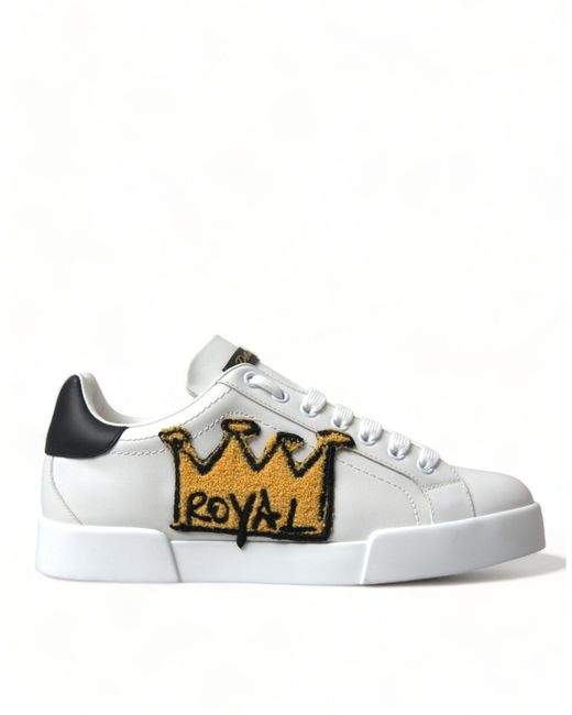 Dolce & Gabbana Metallic White Crown Portofino Leather Sneakers Shoes for men